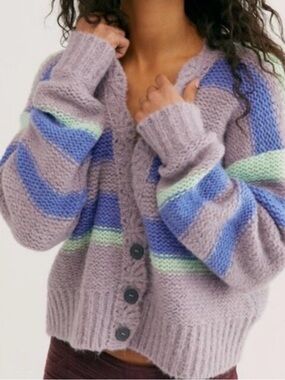 Free People Fine Time Cardigan Neptune Striped Alpaca Blend Size XL Oversized